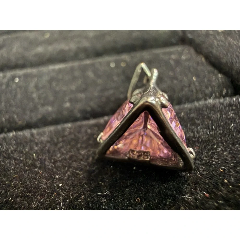 925 Marked HAN Triangle Pendant Pink Stone 3D Sterling Silver